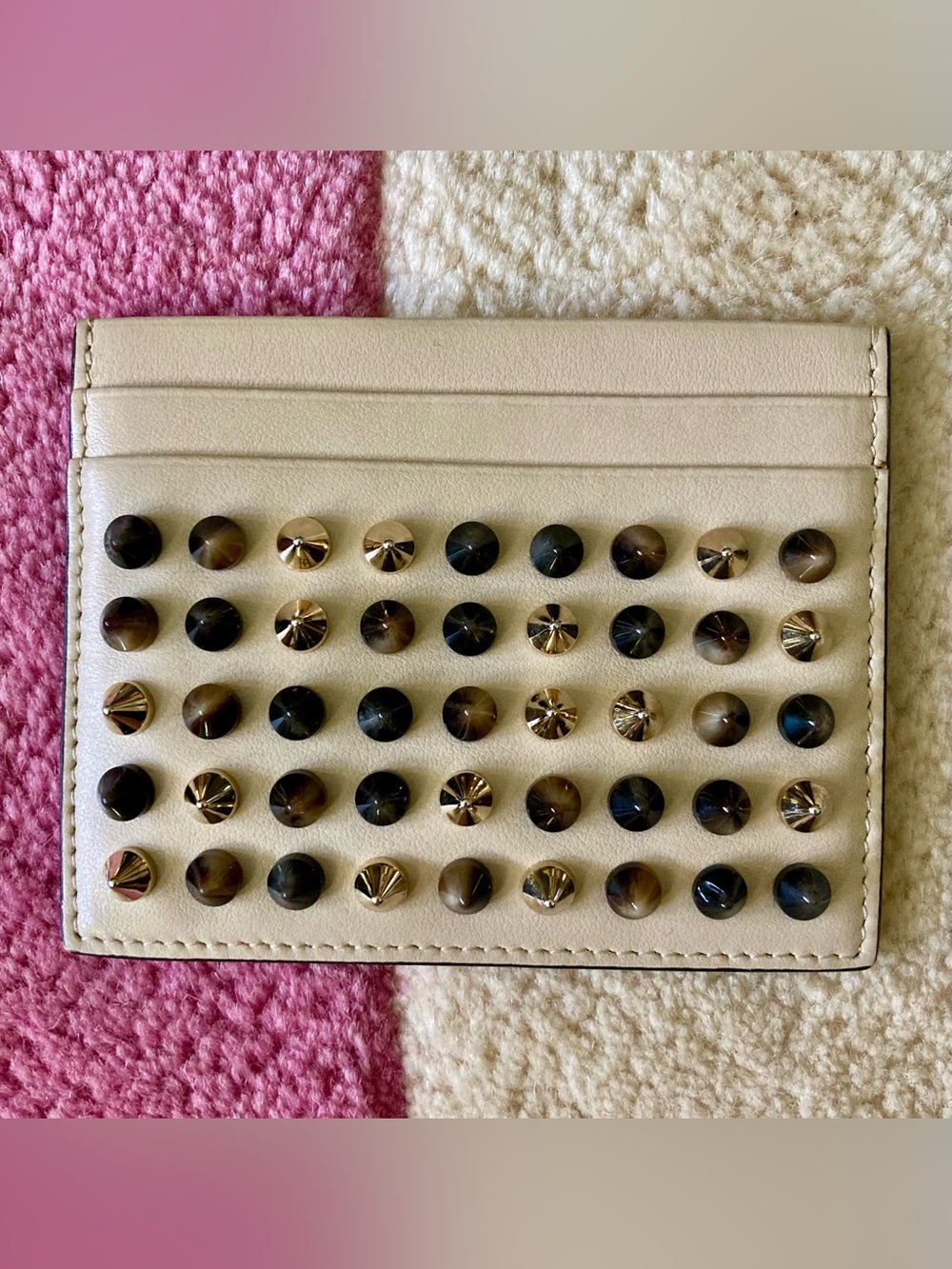 Christian Louboutin Kios Spikes Card Holder Carrier Wallet Cream White Gold